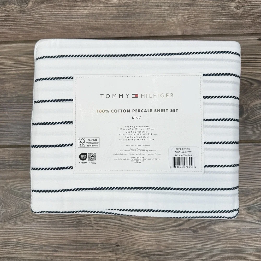 Tommy Hilfiger Rope Stripe KING Sheet Set 100% Cotton Blue White NEW‎